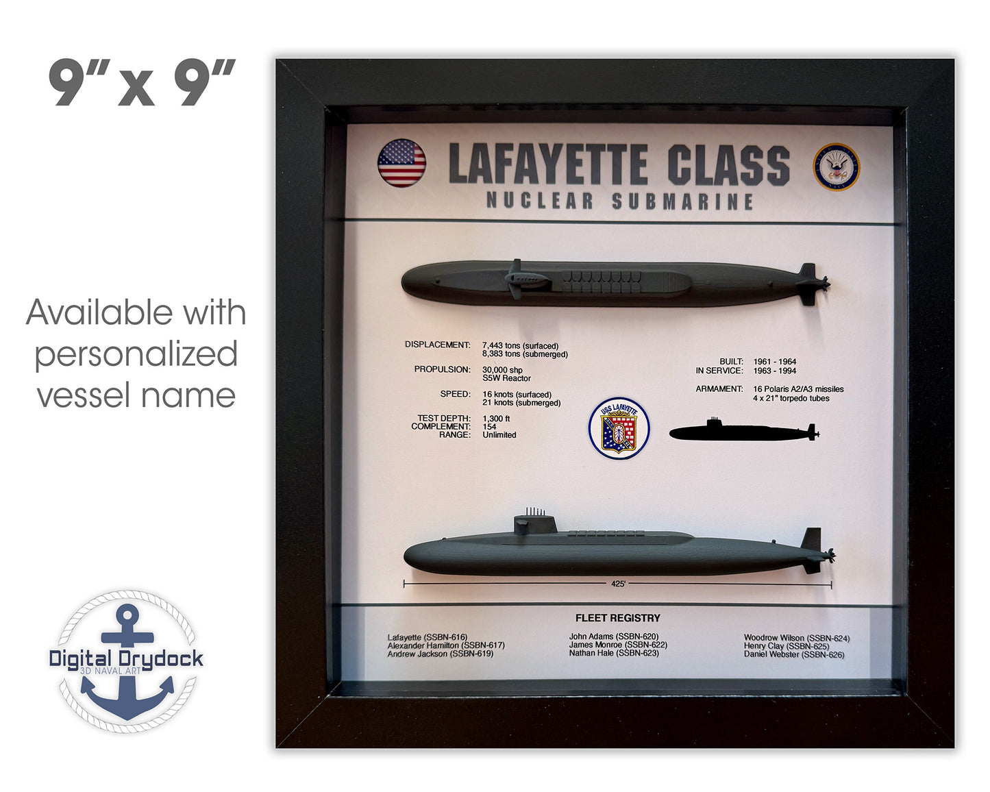 Lafayette Class Submarine Memorial Display Shadow Box, 9" x 9", Black