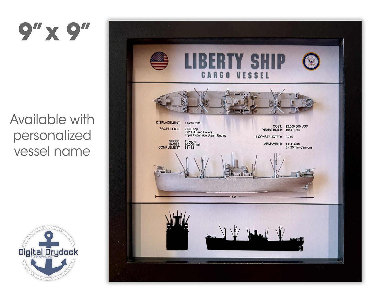 Liberty Ship Shadow Display Box, 9" x 9"