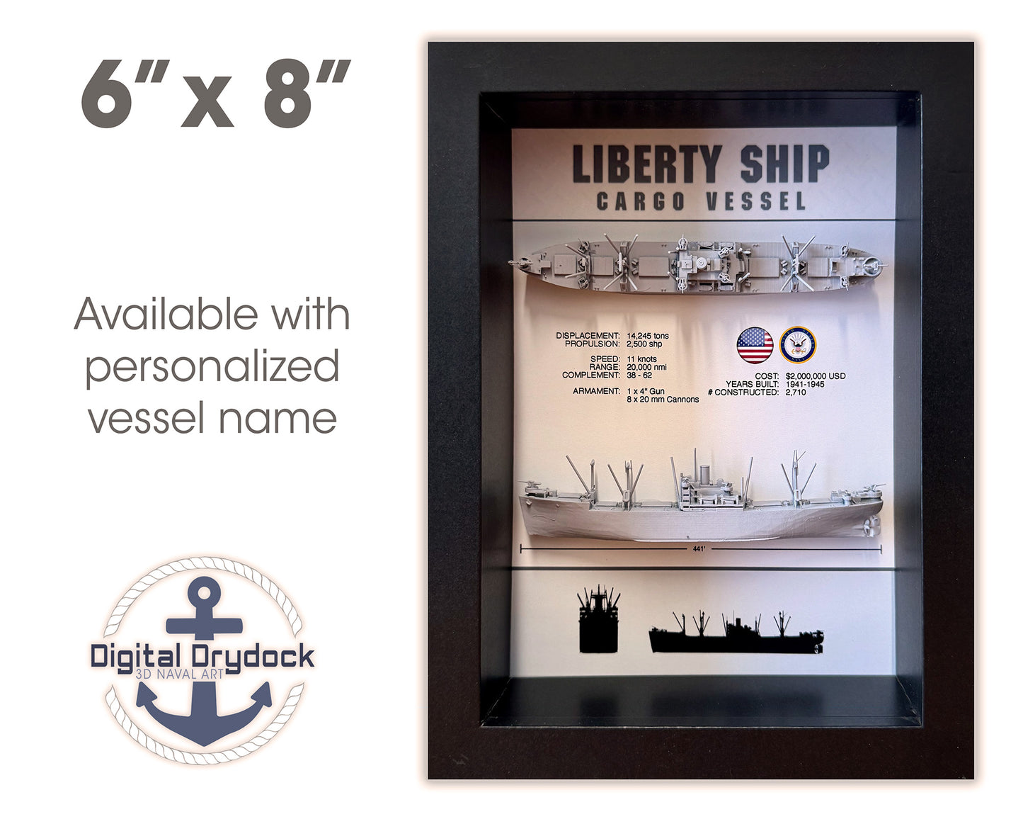 Liberty Ship Memorial Display Shadow Box, 6" x 8", Black