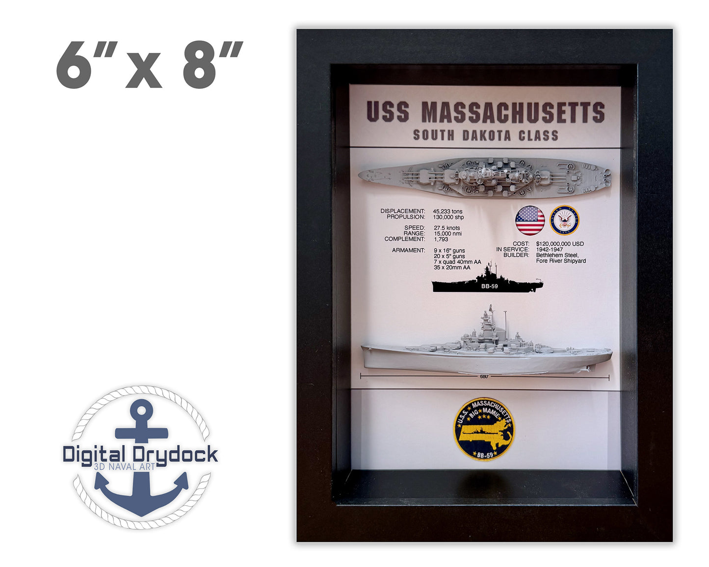 USS Massachusetts Memorial Display Shadow Box, BB-59, WW2, 6" x 8", South Dakota