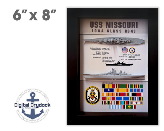 USS Missouri Memorial Display Shadow Box, BB-63, WW2, 6" x 8", Iowa Class