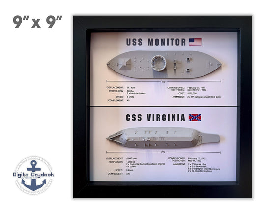 Monitor & Merrimack (CSS Virginia) Ironclad Memorial Display Shadow Box, 9" x 9", Large, Black