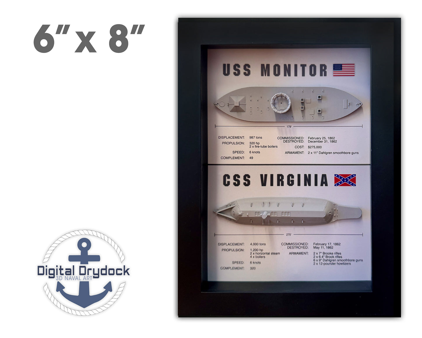 Monitor & Merrimack (CSS Virginia) Ironclad Memorial Display Shadow Box, 6" x 8", Black