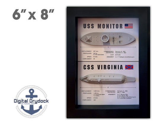 Monitor & Merrimack (CSS Virginia) Ironclad Memorial Display Shadow Box, 6" x 8", Black