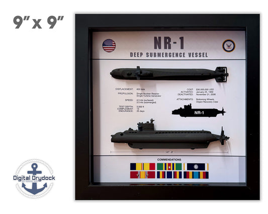 NR-1 Submarine, Deep Submergence Vessel, Memorial Display, Shadow Box, 9" x 9", Black, Large