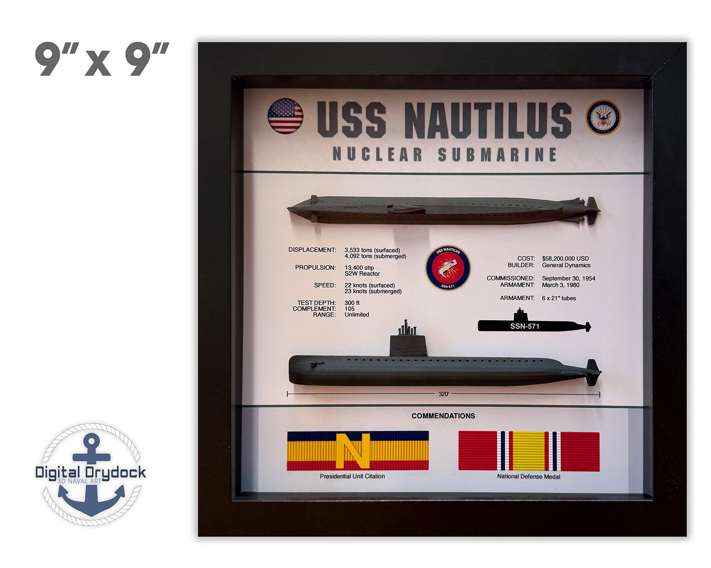 USS Nautilus Submarine Memorial Display, SSN-571, Shadow Box, 9" x 9", Black, Large