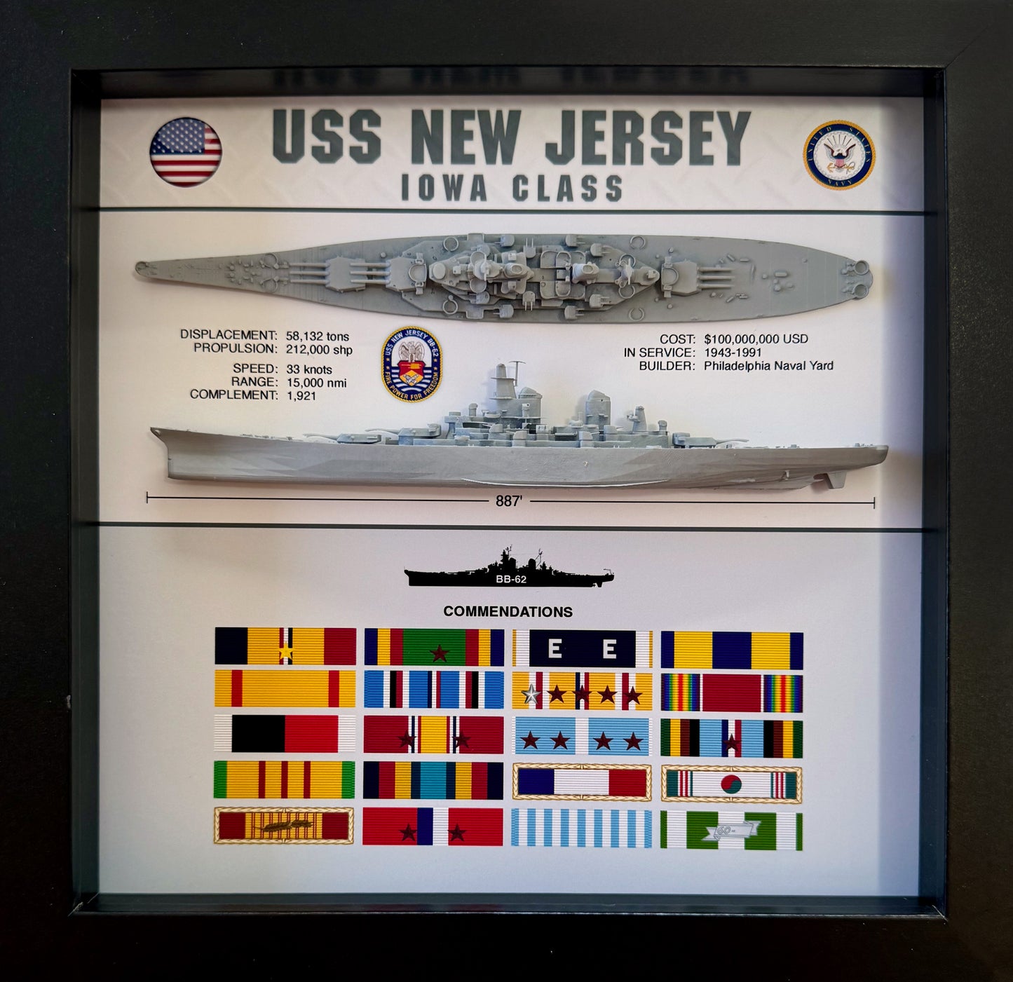 USS New Jersey Battleship Display Shadow Box, BB-63, Iowa Class, WW2, 9" x 9"