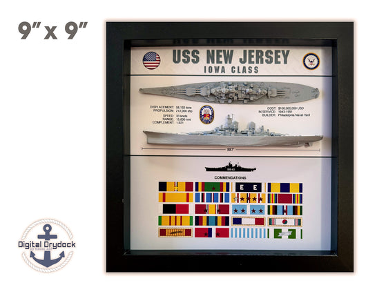 USS New Jersey Battleship Display Shadow Box, BB-63, Iowa Class, WW2, 9" x 9"