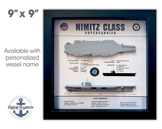 Nimitz Class Carrier Display Shadow Box, CVN-68, 9" x 9", Black