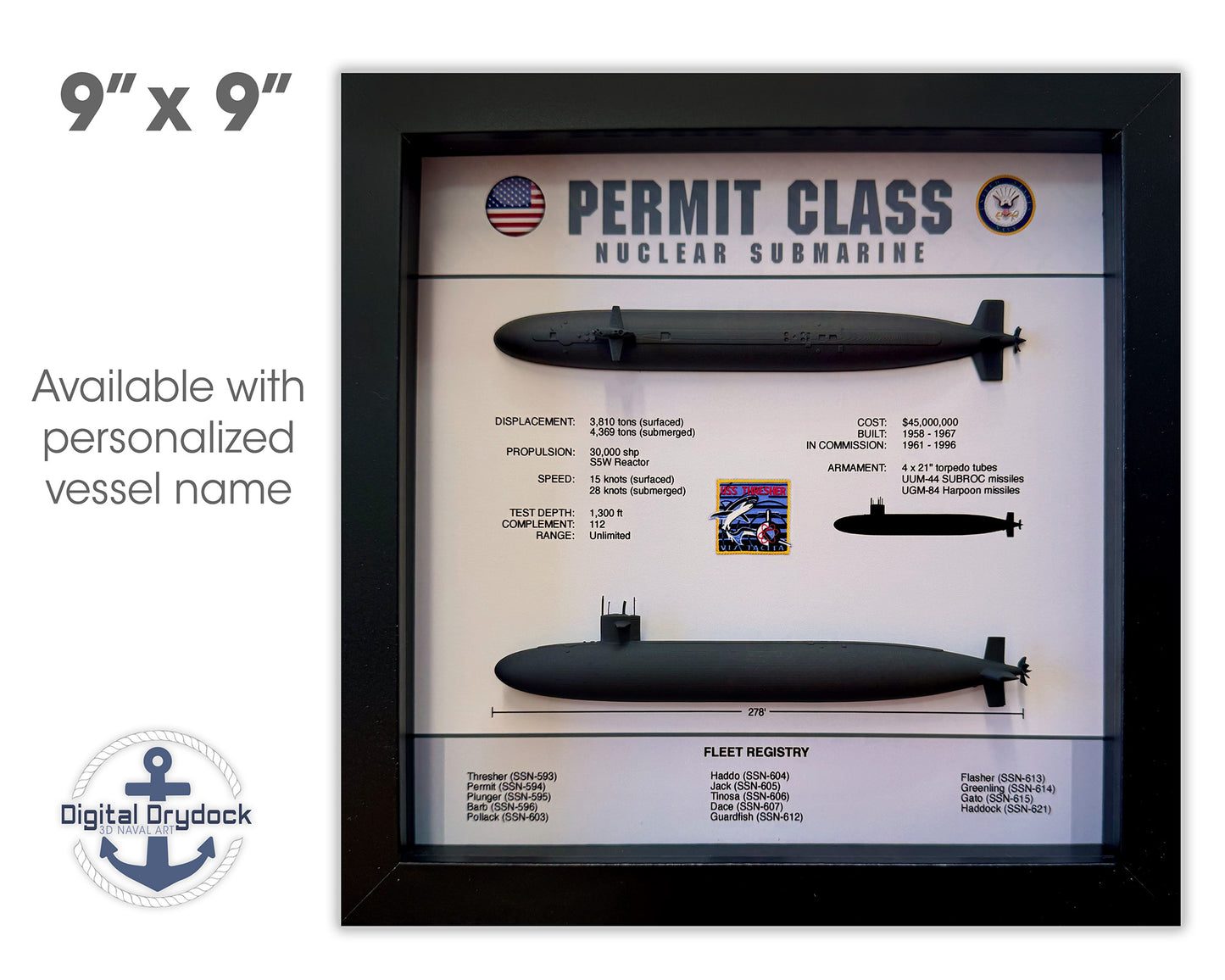 Permit Class Submarine Memorial Display Shadow Box, Thresher Class, 9" x 9", Black