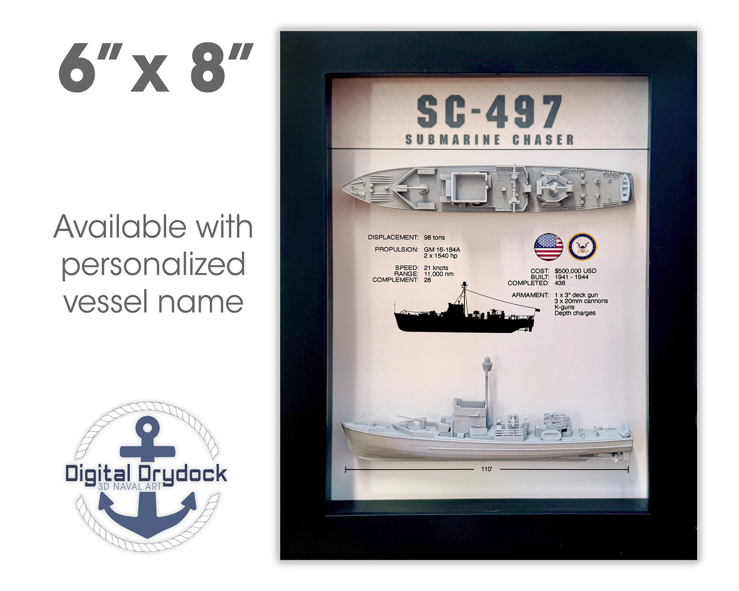 SC-497 Class Submarine Chaser Memorial Display Shadow Box, 6" x 8", Black