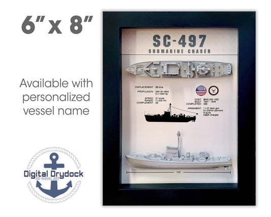 SC-497 Class Submarine Chaser Memorial Display Shadow Box, 6" x 8", Black