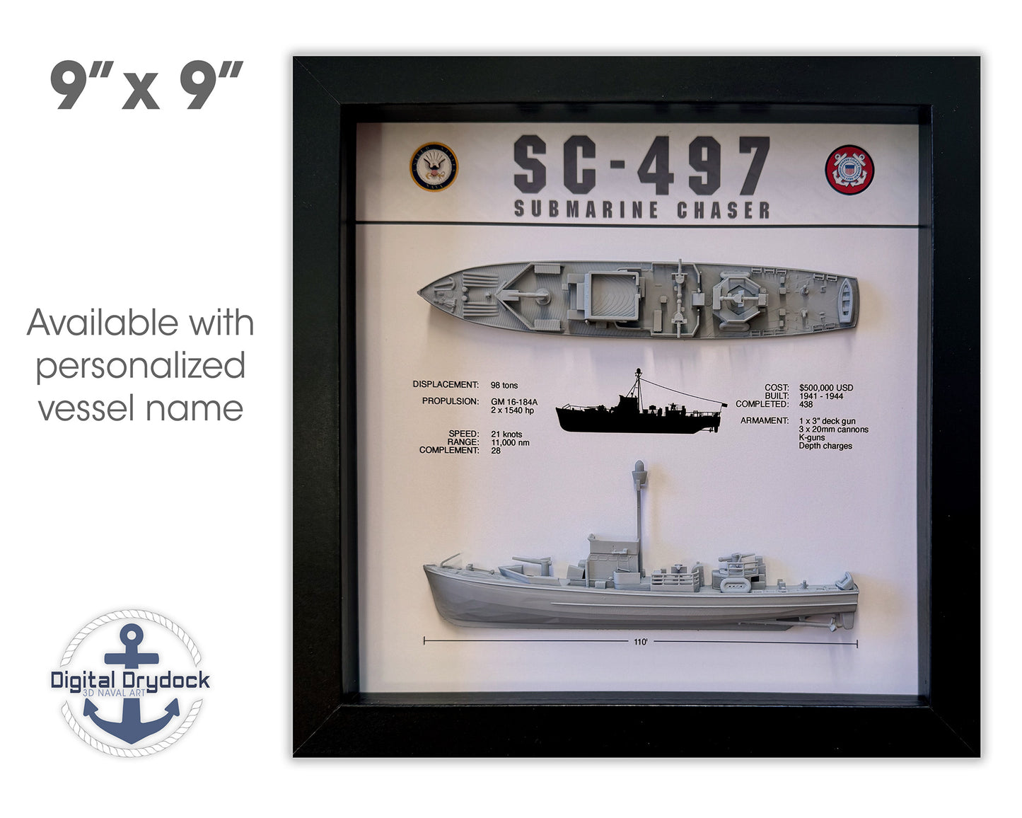 SC-497 Class Submarine Chaser Memorial Display Shadow Box, 9" x 9", Black