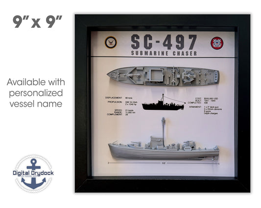 SC-497 Class Submarine Chaser Memorial Display Shadow Box, 9" x 9", Black