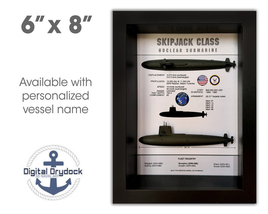 Skipjack Class Submarine Memorial Display Shadow Box, 6" x 8", Black