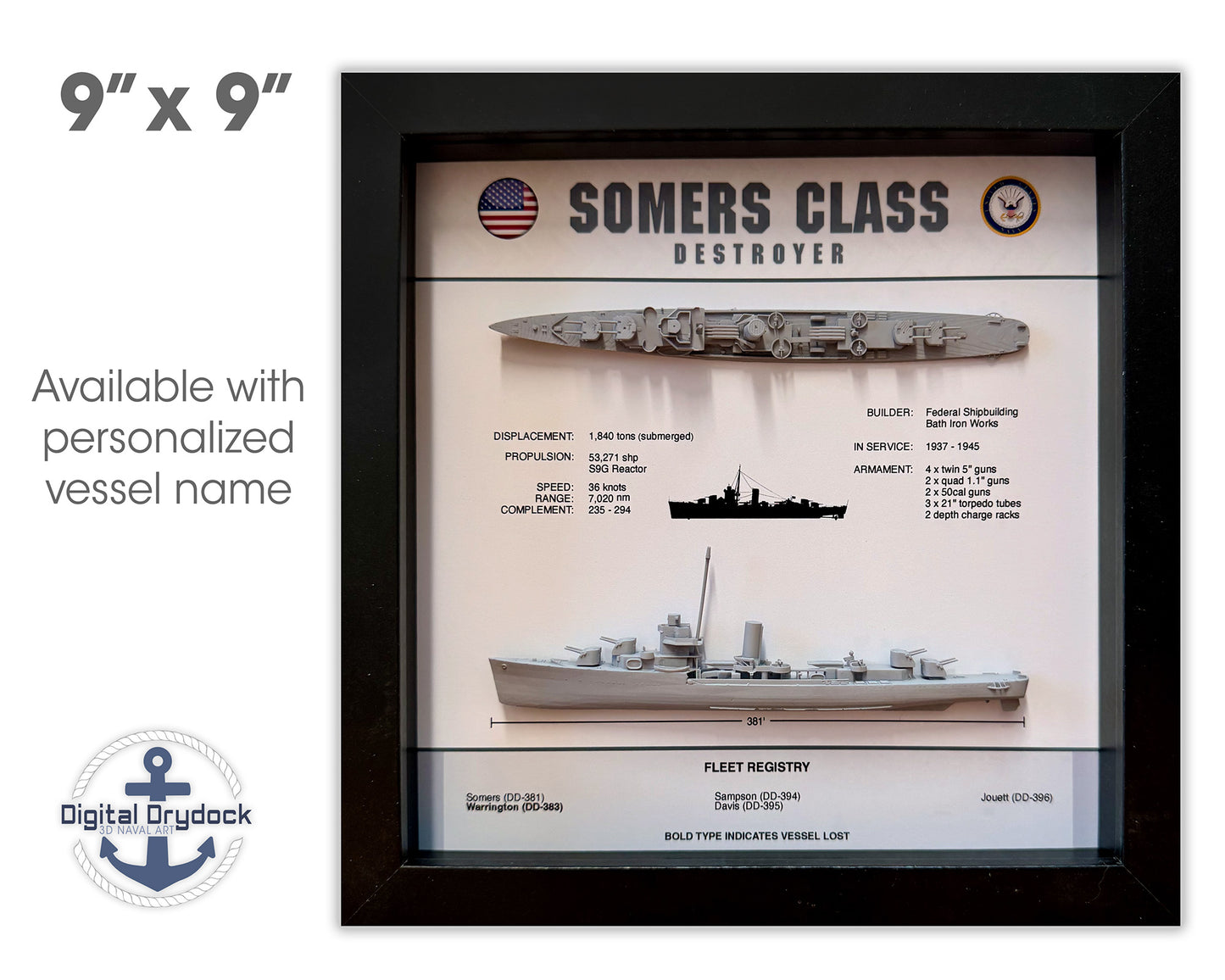 Somers Class Destroyer Memorial Display Shadow Box, WW2, 9" x 9", Black