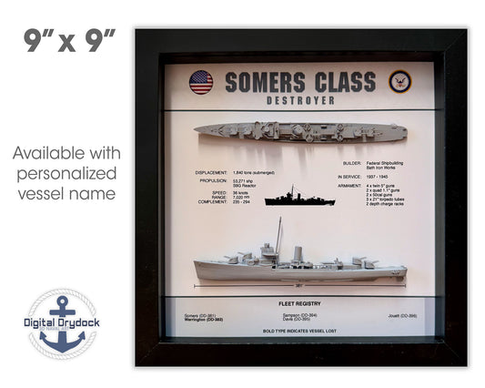 Somers Class Destroyer Memorial Display Shadow Box, WW2, 9" x 9", Black