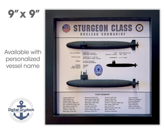 Sturgeon Class Submarine Memorial Display Shadow Box, 9" x 9", Large, Black