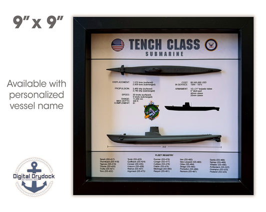 Tench Class Submarine Memorial Display Shadow Box, 9" x 9", Black