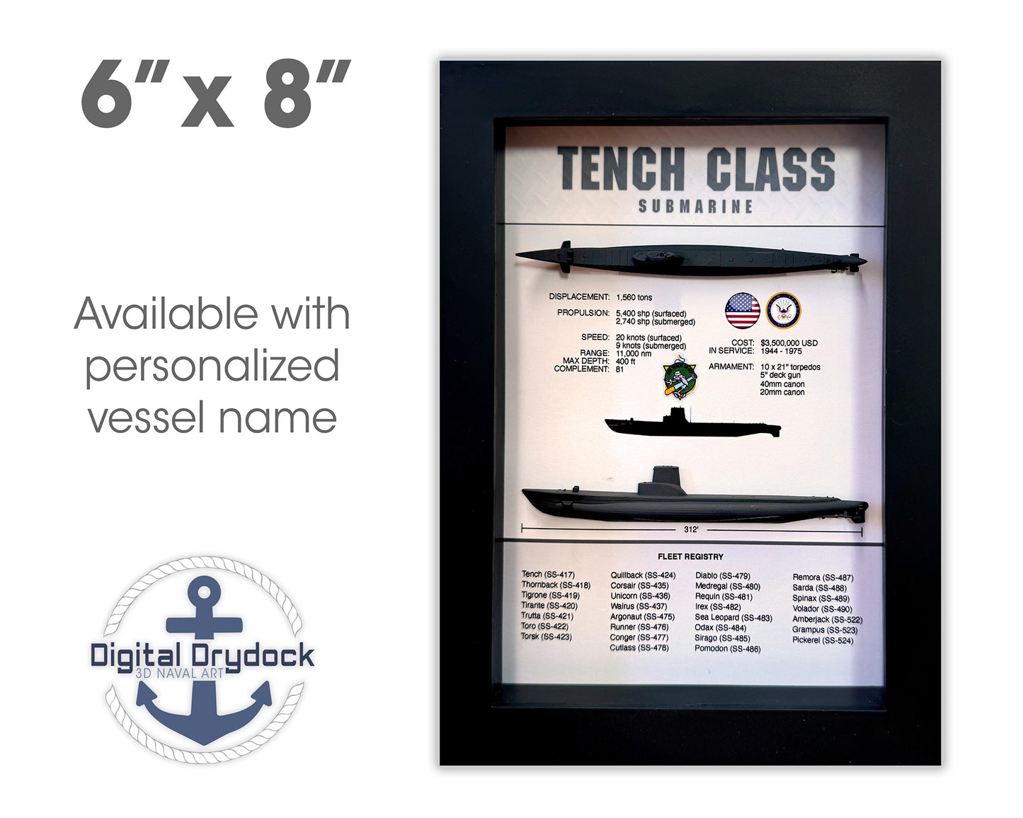 Tench Class Submarine Memorial Display Shadow Box, 6" x 8", Black