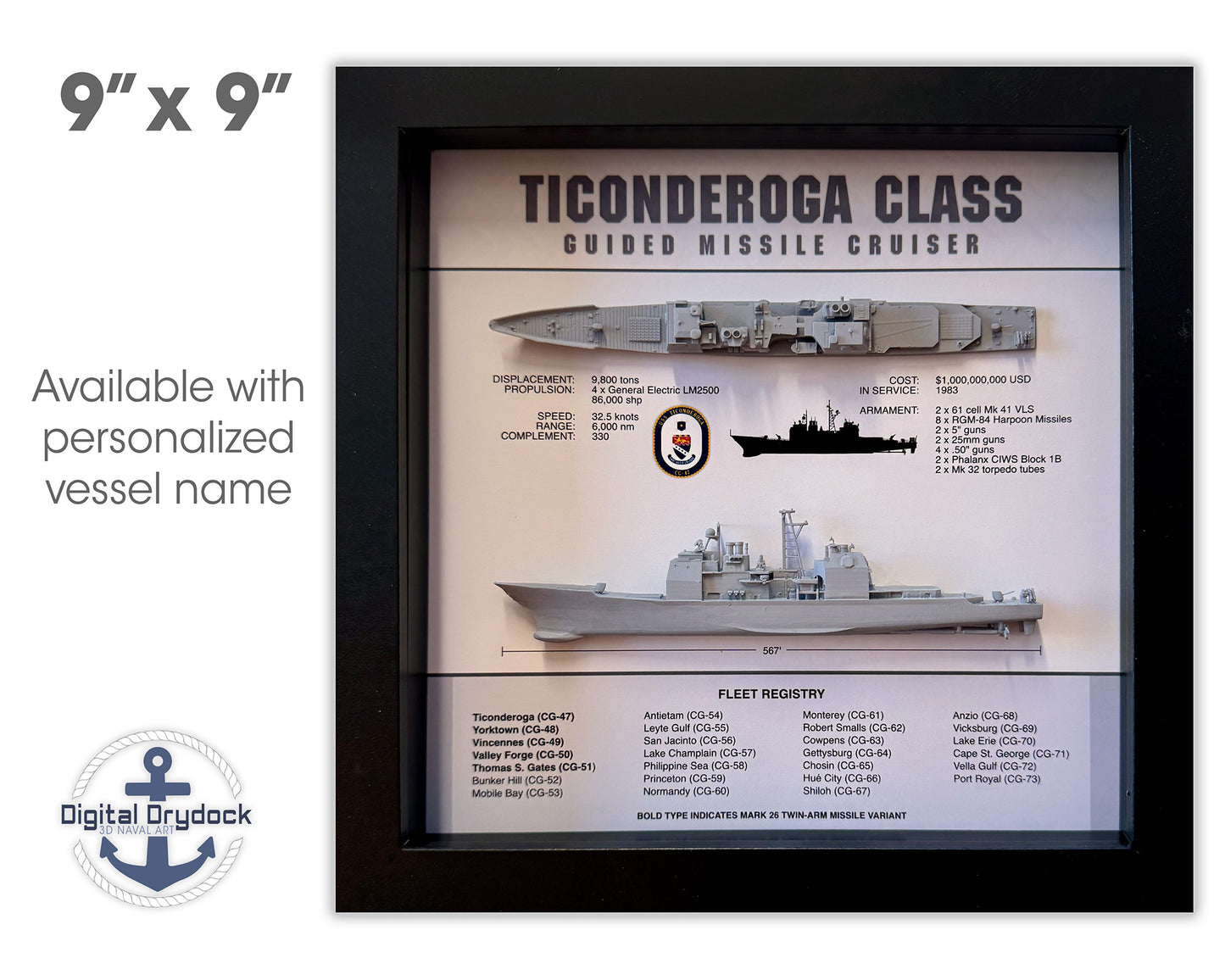 Ticonderoga Class Cruiser Memorial Display Shadow Box, 9" x 9", Black