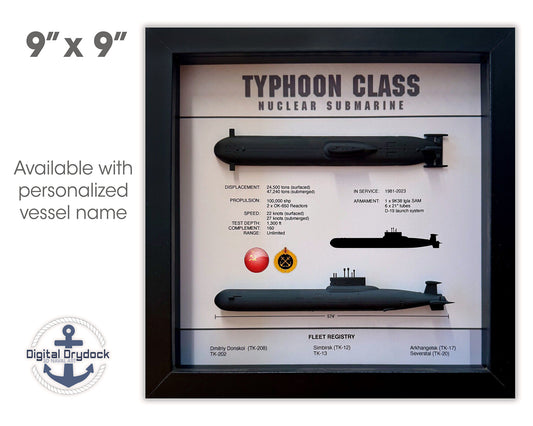 Typhoon Class Submarine Memorial Display Shadow Box, Akula Class, 9" x 9", Large, Black