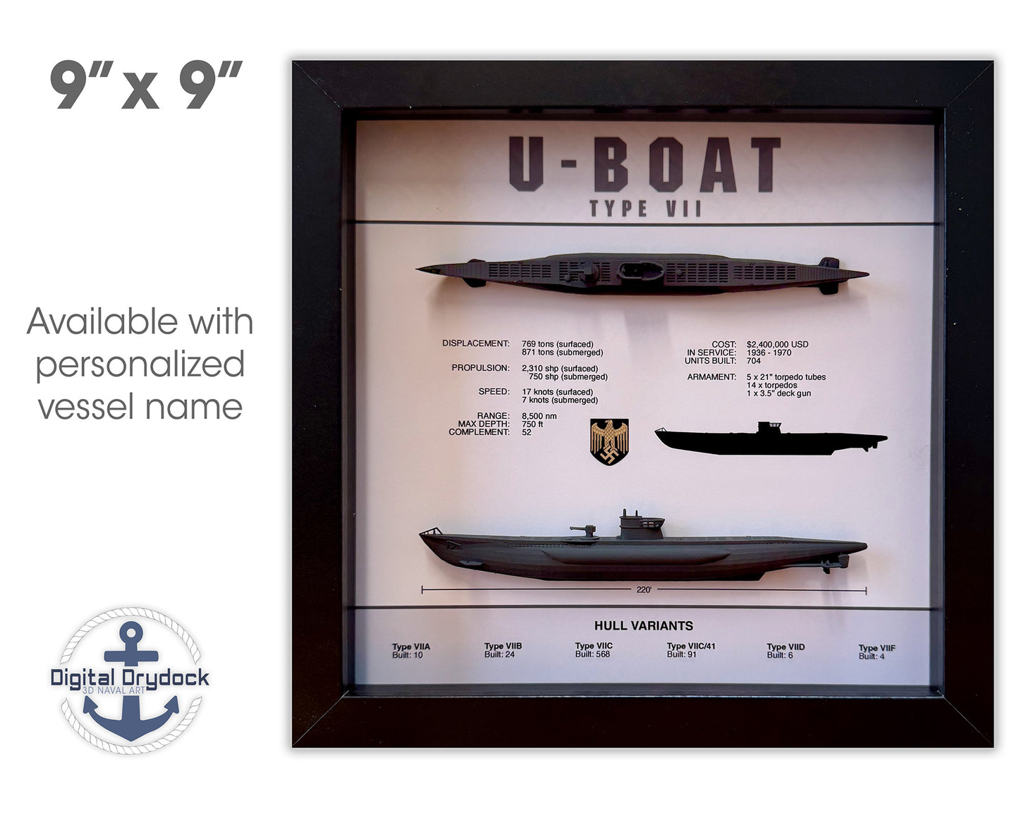 U-Boat Type VII Submarine Memorial Display Shadow Box, 9" x 9", Black, Large