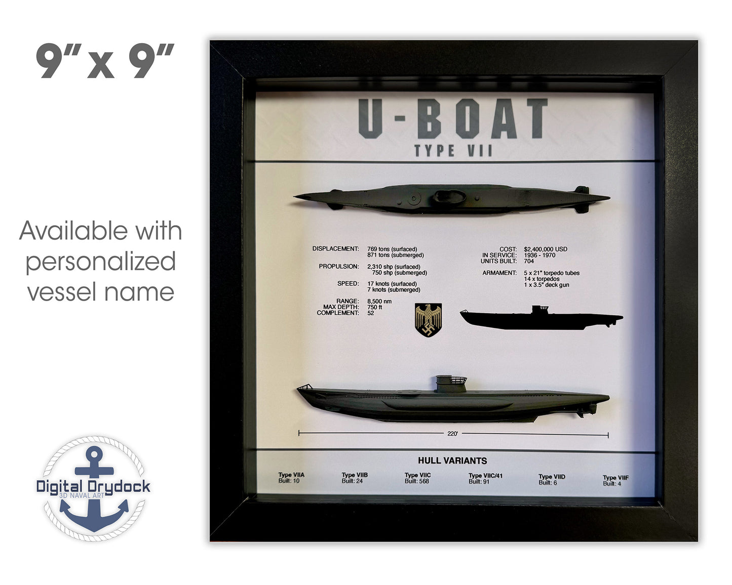 U-Boat Type VII Submarine Memorial Display Shadow Box, 9" x 9", Black, Large