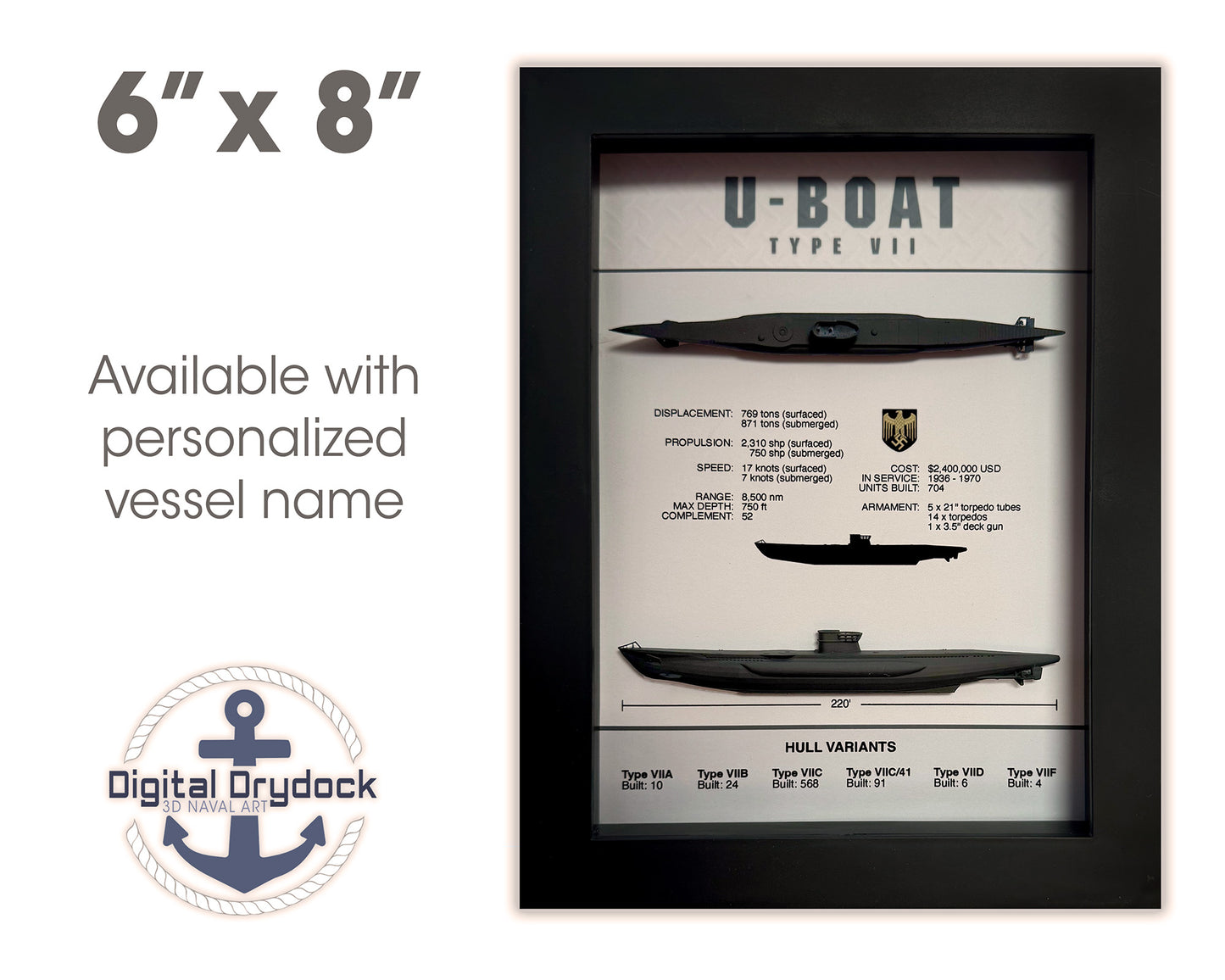 U-Boat Type VII Submarine Memorial Display Shadow Box, 6" x 8", Black