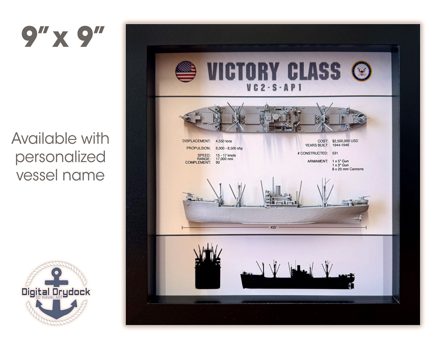 Victory Ship Class Shadow Display Box, VC2-AP1 , 9" x 9"