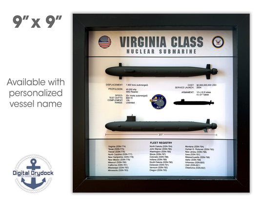 Virginia Class Submarine Memorial Display Shadow Box, SSN-774, 9" x 9", Black