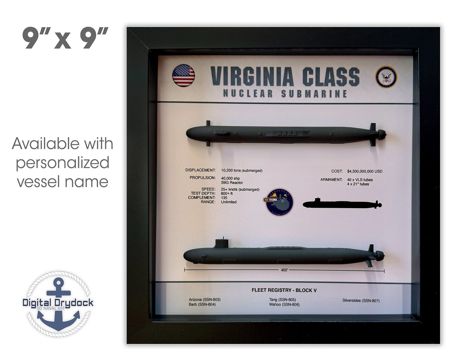 Virginia Class Submarine Memorial Display Shadow Box, Block V with VPM, 9" x 9", Black