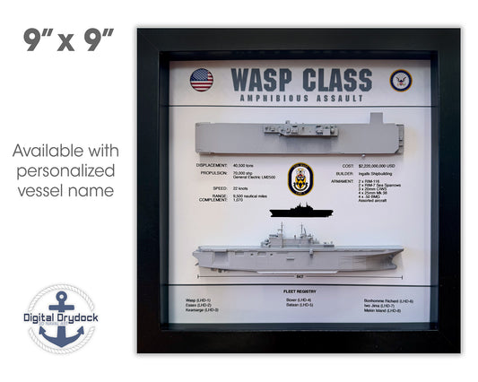 Wasp Class Amphibious Assault Vessel Memorial Display Shadow Box, 9" x 9", Black