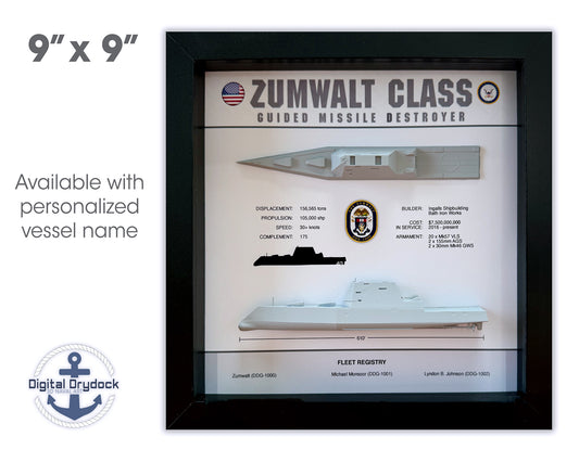 Zumwalt Class, Guided Missile Destroyer Memorial Display Shadow Box, 9" x 9", Black