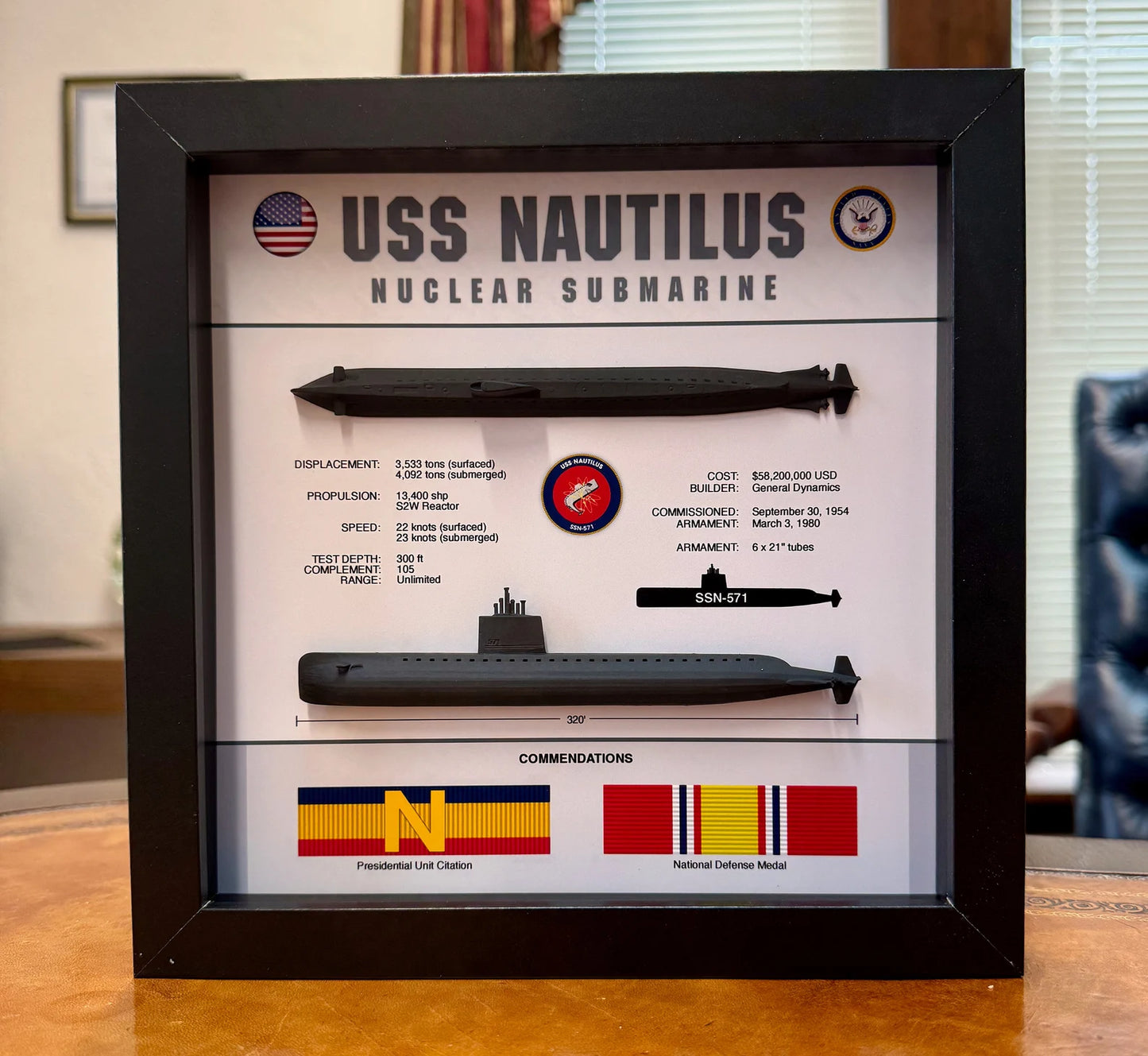 USS Nautilus Submarine Memorial Display, SSN-571, Shadow Box, 9" x 9", Black, Large