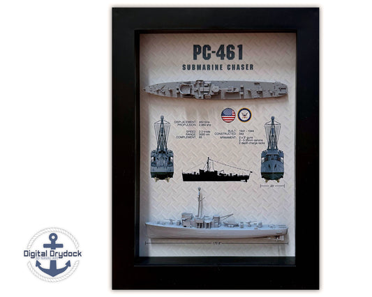 PC-461 Class Submarine Chaser Display Shadow Box, WW2, 6" x 8", Black