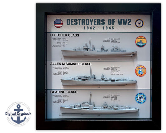 Destroyers of WW2 Display Shadow Box, 1942-1945, Fletcher, Allen M Sumner, Gearing, 9" x 9"