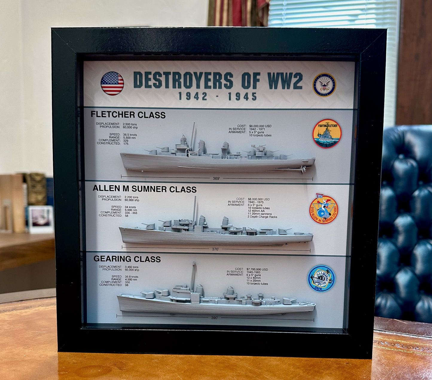 Destroyers of WW2 Display Shadow Box, 1942-1945, Fletcher, Allen M Sumner, Gearing, 9" x 9"