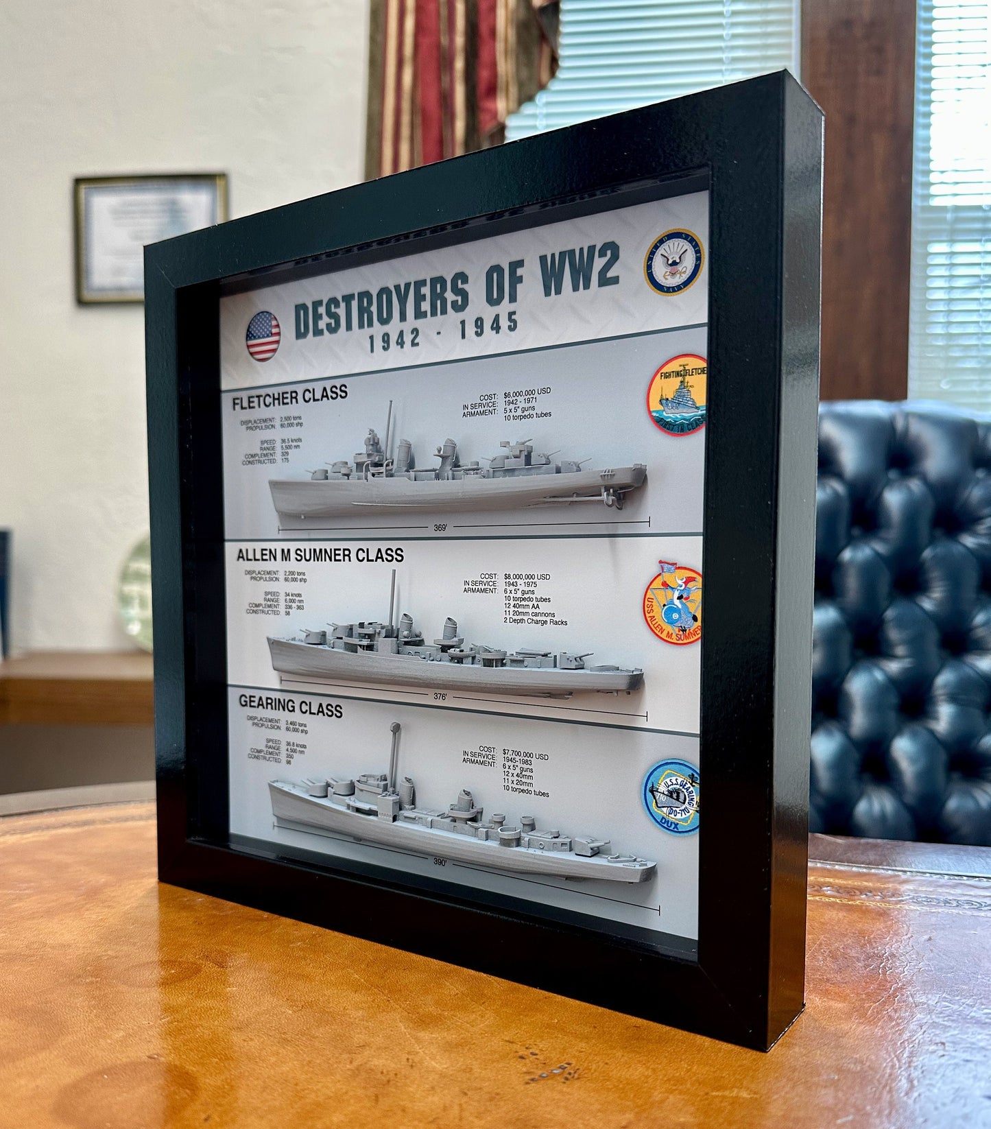 Destroyers of WW2 Display Shadow Box, 1942-1945, Fletcher, Allen M Sumner, Gearing, 9" x 9"