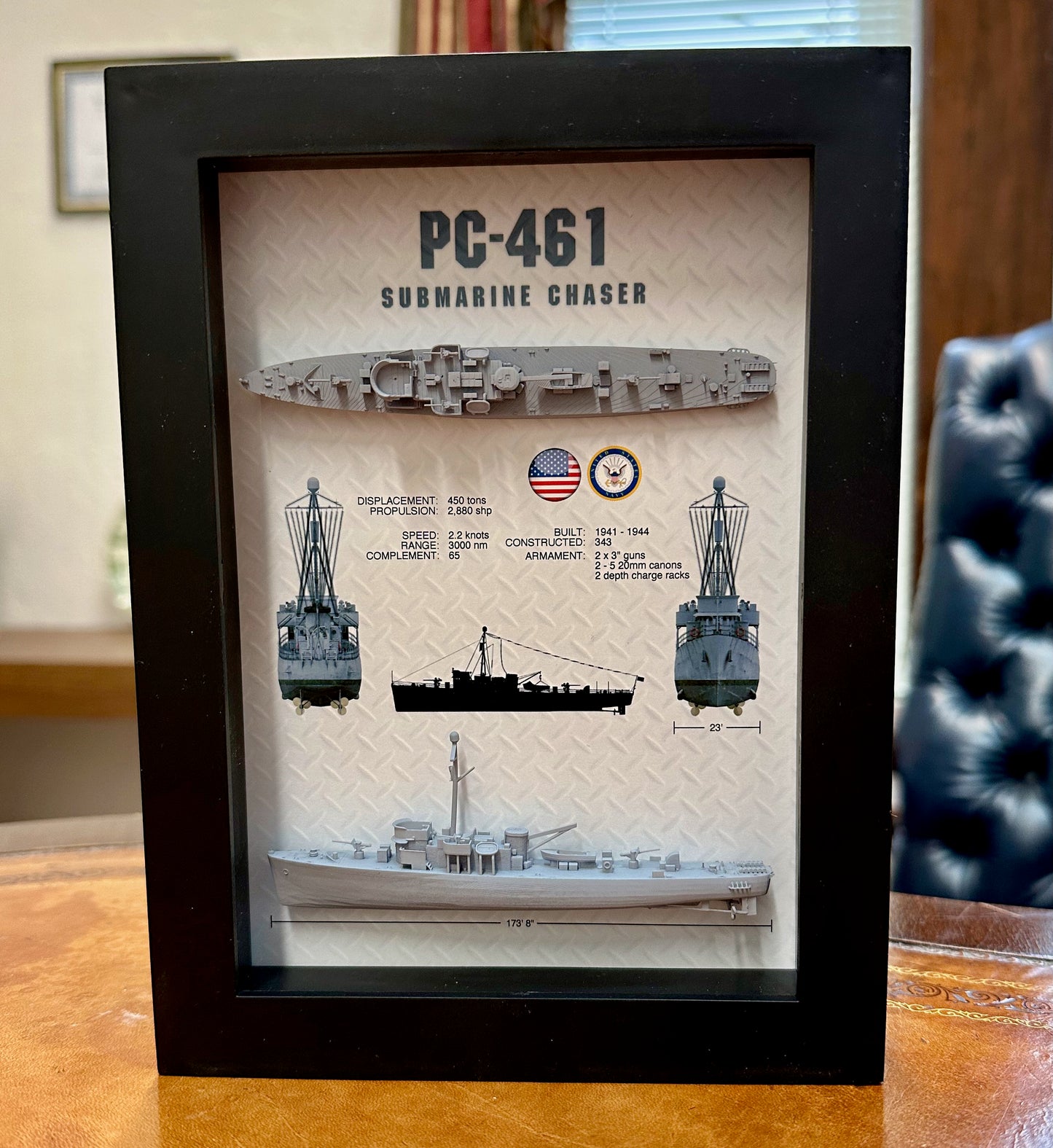 PC-461 Class Submarine Chaser Display Shadow Box, WW2, 6" x 8", Black