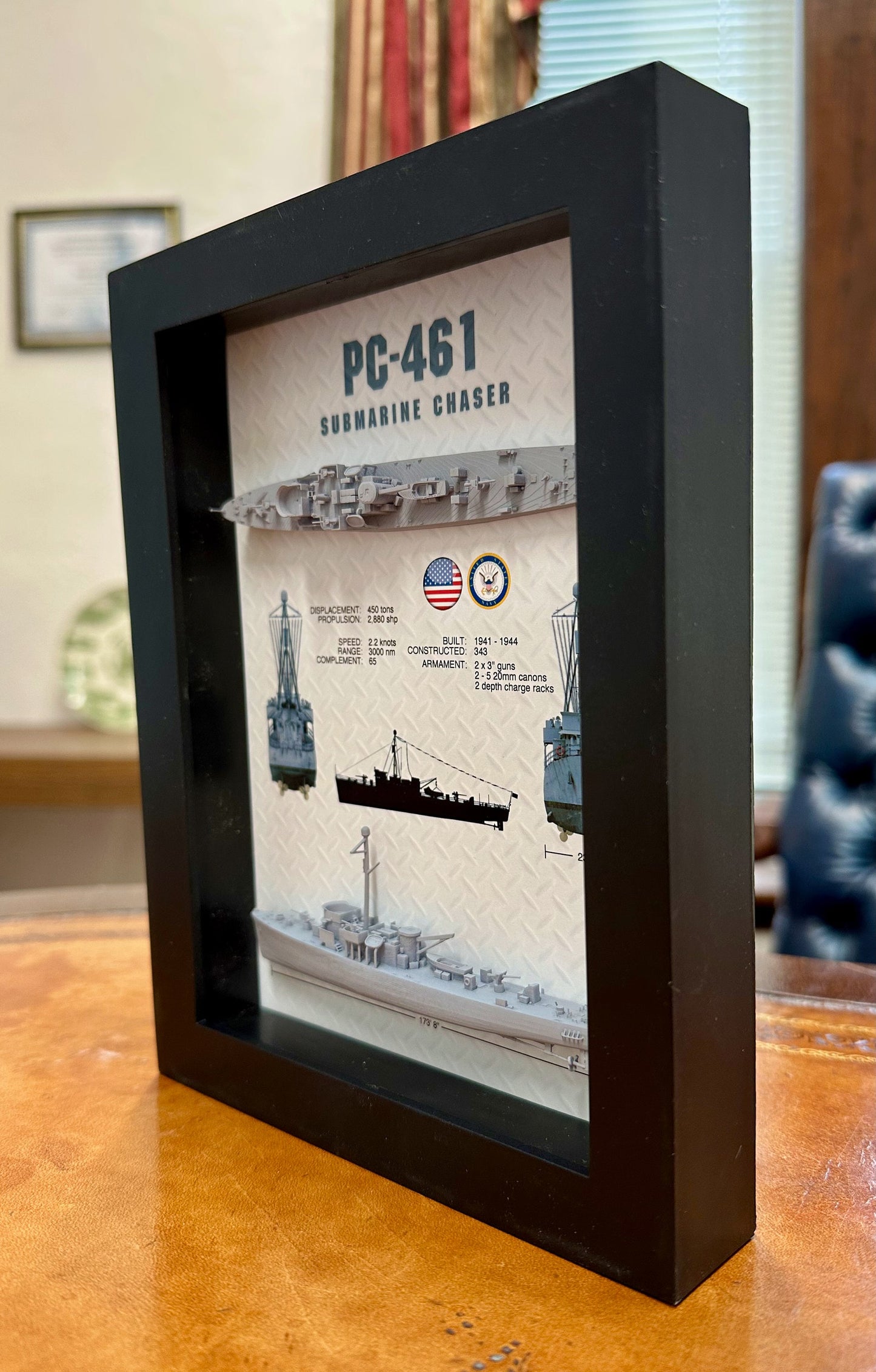 PC-461 Class Submarine Chaser Display Shadow Box, WW2, 6" x 8", Black