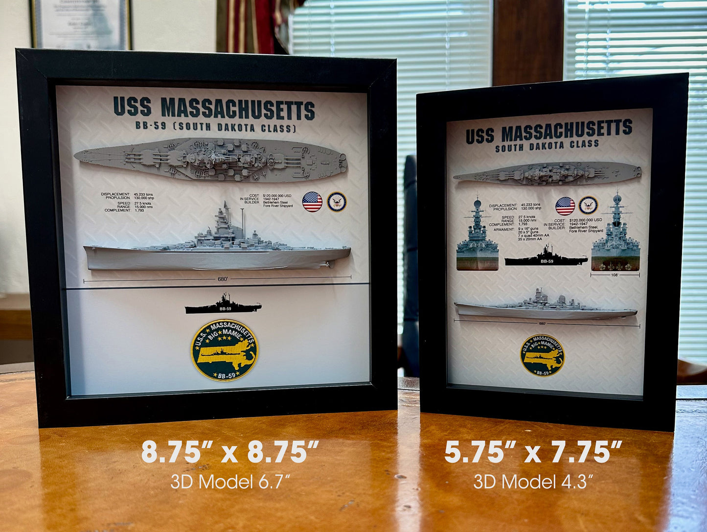 USS Massachusetts Battleship Display Shadow Box, BB-59, South Dakota Class, WW2, 9" x 9", Black