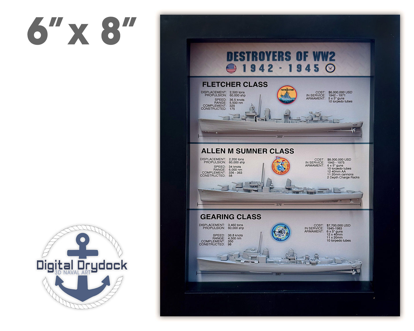 Destroyers of WW2 Display Shadow Box, 1942-1945, Fletcher, Allen M Sumner, Gearing, 6" x 8"