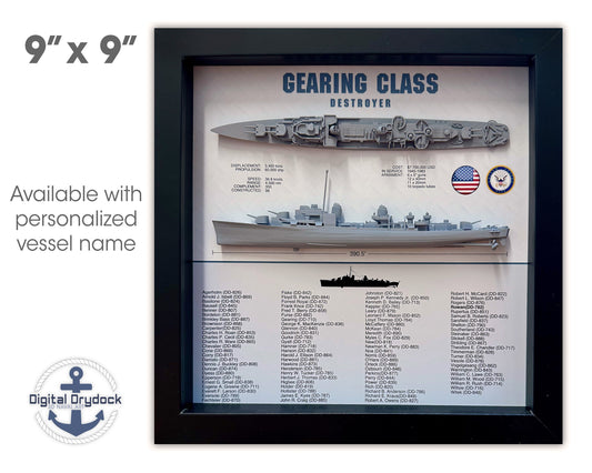 Gearing Class Destroyer Memorial Display Shadow Box, WW2, 9" x 9", Black