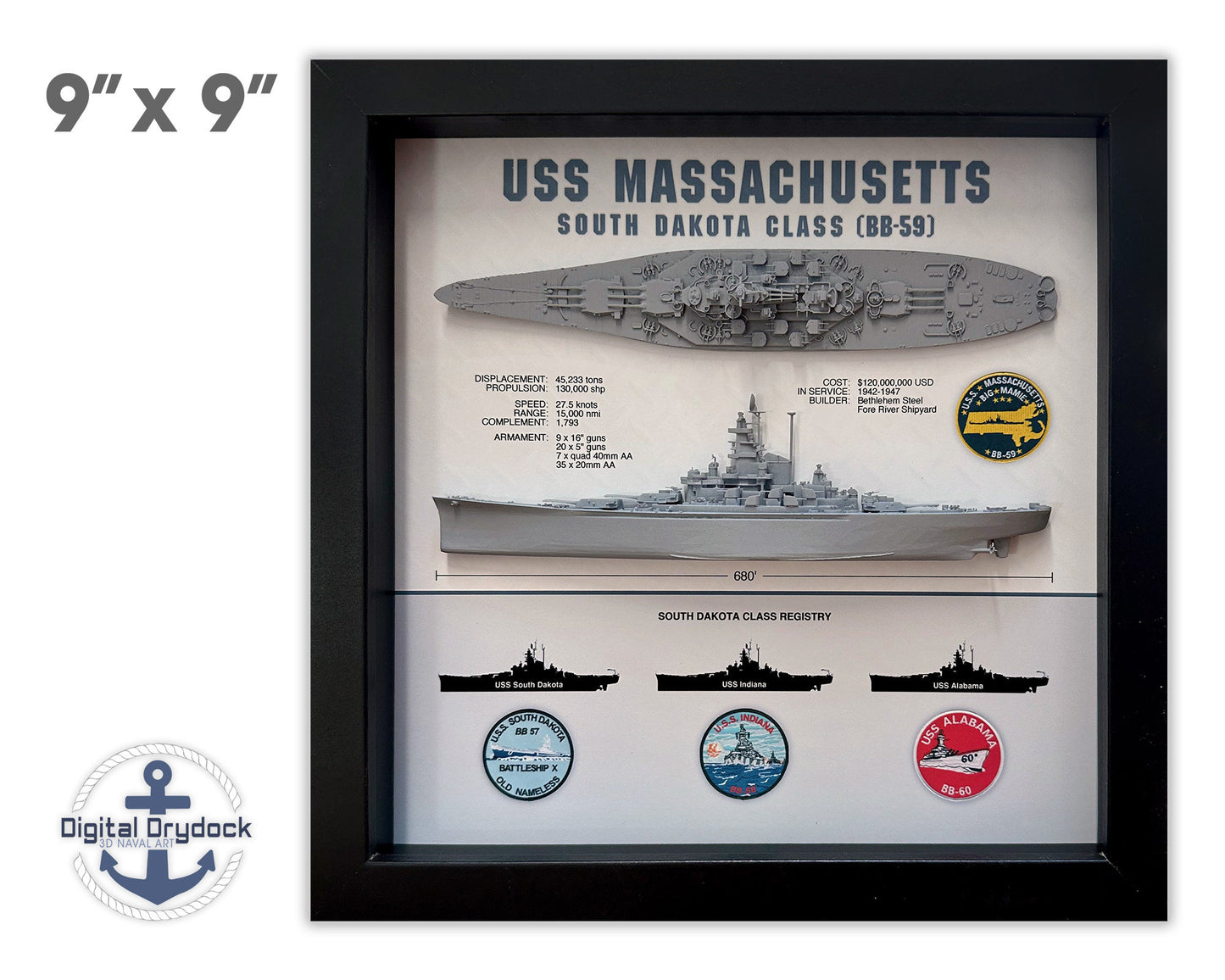 USS Massachusetts Battleship Display Shadow Box, BB-59, South Dakota Class, WW2, 9" x 9", Black