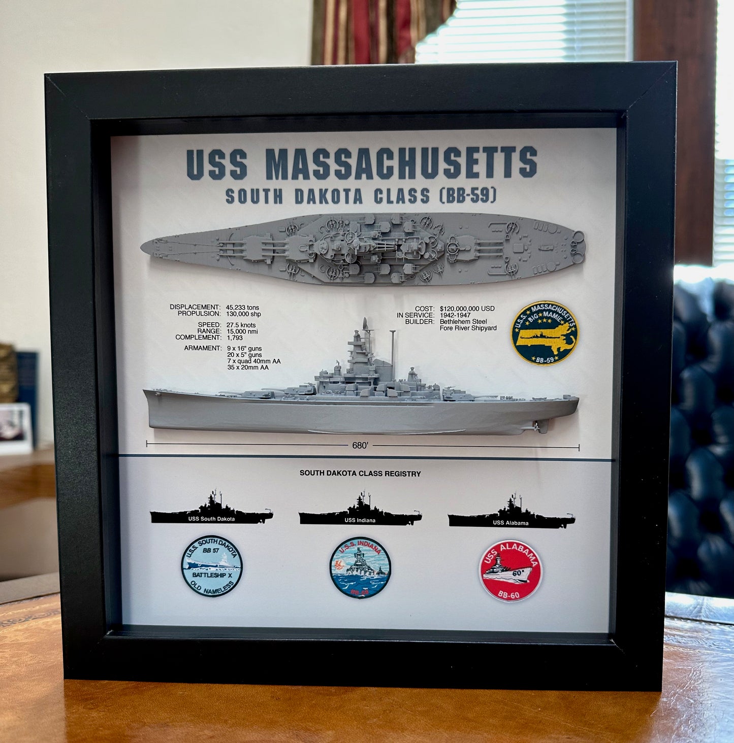 USS Massachusetts Battleship Display Shadow Box, BB-59, South Dakota Class, WW2, 9" x 9", Black