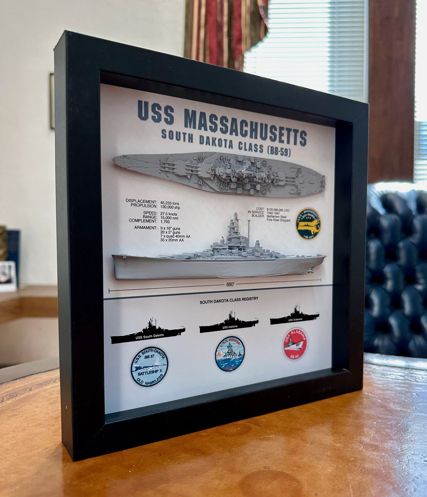 USS Massachusetts Battleship Display Shadow Box, BB-59, South Dakota Class, WW2, 9" x 9", Black