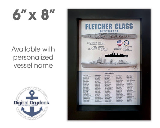 Fletcher Class Destroyer Memorial Display Shadow Box, WW2, 6" x 8", Black