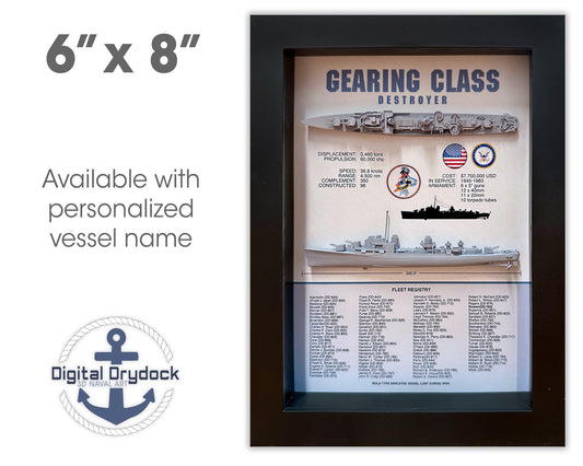 Gearing Class Destroyer Memorial Display Shadow Box, WW2, 6" x 8", Black