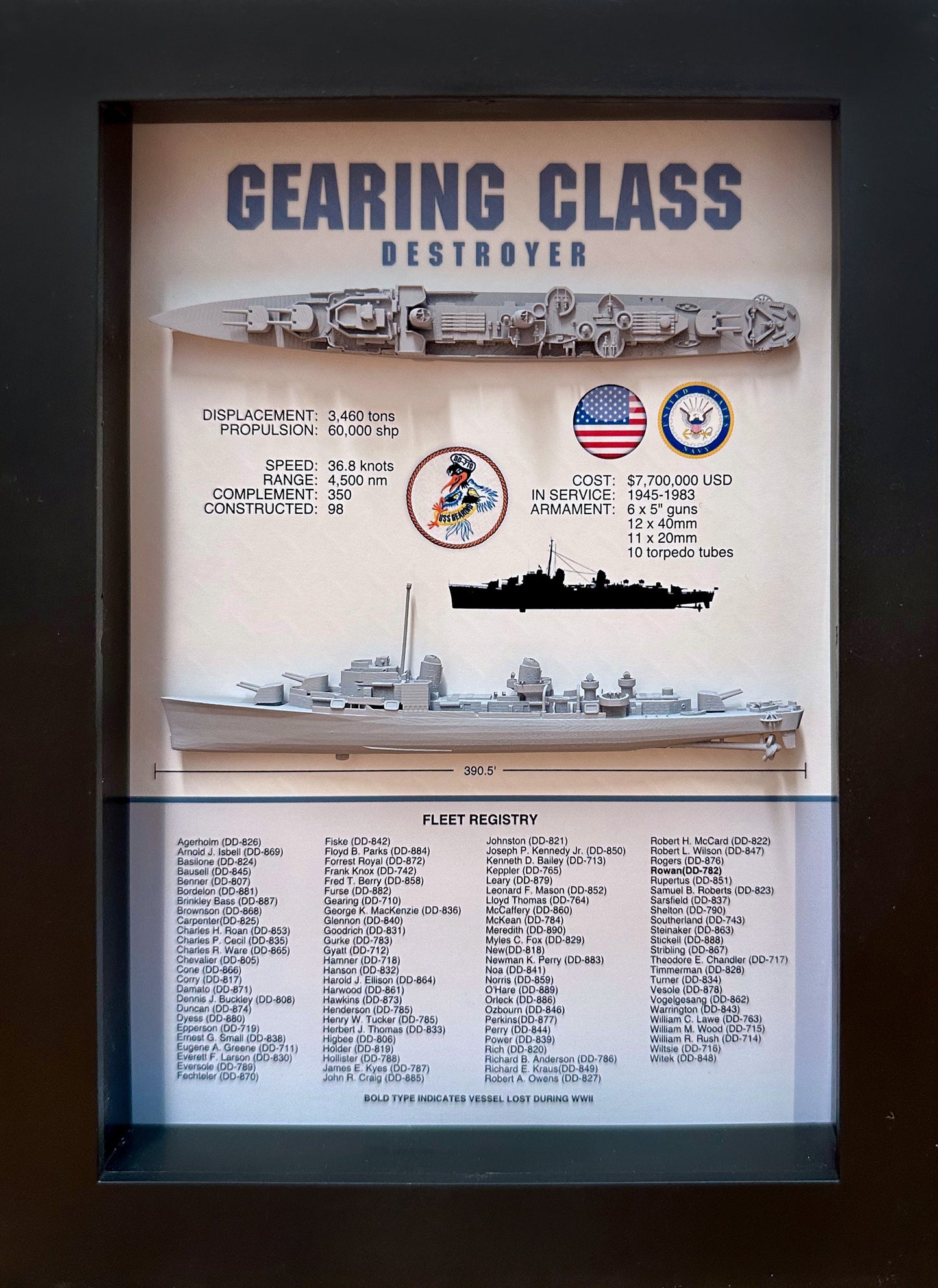 Gearing Class Destroyer Memorial Display Shadow Box, WW2, 6" x 8", Black